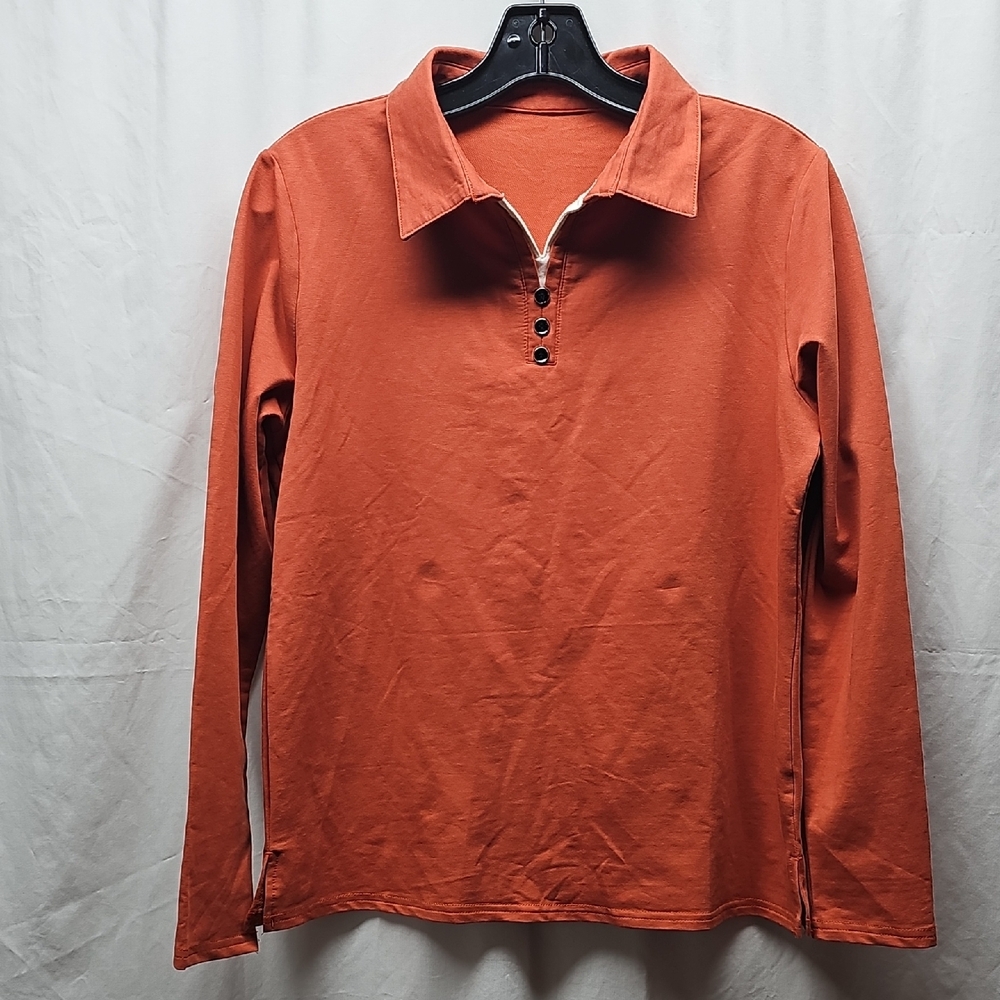 Women's Long-Sleeve Collared Henley Top - Rust